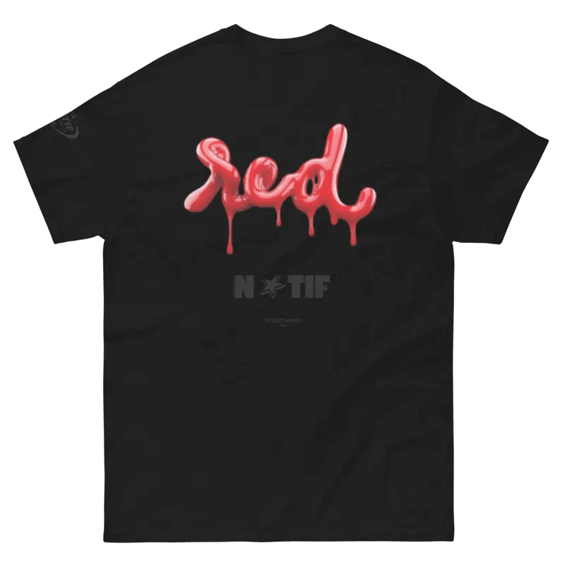 T-shirt streetwear NTIF black with red dripping text design on back, modern stylish streetwear fashion.